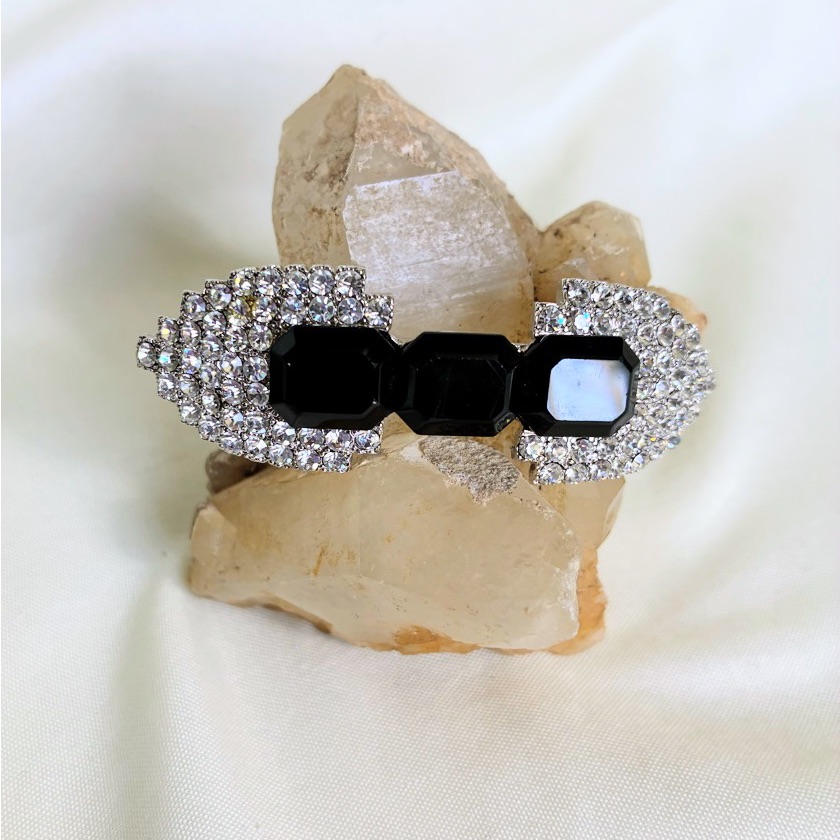 Vintage Art Deco Style Black Acrylic & Rhinestone Brooch #Glamour #Party